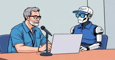 Dr Andrew Huberman sitting a table with a microphone and laptop in front of him. Sitting across the table from him is a robot that is wearing a blue polo shirt, glasses, and a baseball cap with "What IT is" written on it.