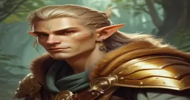A fifth-edition dungeons and dragons characer who is a young male eladrin druid with golden, slightly glowing skin, a low strength.