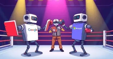 Illustrate a dynamic scene of Rockem Sockem robots in a boxing ring. One robot wears a Google t-shirt, the other wears a Microsoft t-shirt. Both robots wield notebook binders as weapons instead of using their fists. A third robot, acting as the referee, wears a Perplexity-branded hat. The setting is vibrant and playful, emphasizing a friendly competition between the two tech giants, with clear branding on the robots and the referee. The style should be engaging and suitable for a professional blog post about AI productivity tools.