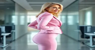 A mature adult woman shown in side profile, standing in a modern office environment. Her body has a highly stylized shape with an extremely narrow waist and maximally developed, smooth, rounded hips that extend outward in a pronounced curve — large and spherical in appearance. Her chest is prominently projected, full, and lifted, balancing the exaggerated lower body proportions. She has a compact frame with short limbs and a visibly larger head-to-body ratio. Her facial features include clear blue eyes, long eyelashes, a small nose, full lips, straight bright white teeth, and a well-defined, forward-projecting jawline. Her long, voluminous blonde hair is styled neatly. She is dressed in tightly fitted, formal business clothing — specifically a tailored pink blazer and a matching pink skirt that contour precisely to her shape. The lighting is soft, and the background includes clean architectural elements such as glass panels and desks. The image is photorealistic and high resolution, with strong focus on the curve of her figure from the side, as well as her facial structure and posture.