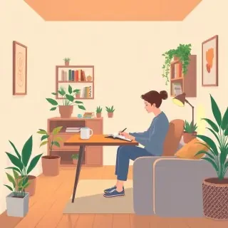 A detailed modern flat vector illustration showing a full scene inside a calm, cozy interior environment where a person is practicing mental journaling as a grounding, reflective routine. The setting is a warm, inviting room with clearly visible walls, floor, furniture, and everyday objects that create a peaceful atmosphere. The main character sits at a desk or comfortable table, writing in a notebook with focused yet relaxed posture, surrounded by soft lighting, plants, shelves with books, and a mug of tea. The scene visually communicates how scattered thoughts become organized on paper, symbolizing clarity, emotional balance, and self‑reflection.  Include subtle visual metaphors integrated naturally into the environment: gentle flowing lines or soft shapes around the notebook representing thoughts settling into order, warm light highlighting the act of writing, and calm color transitions suggesting mental quieting. The room should feel lived‑in and supportive of a sustainable journaling habit—organized but not sterile, with small personal items like sticky notes, pens, or a calendar that hint at routines and templates.  Style: modern flat vector illustration, editorial illustration style, smooth shapes, soft gradients, slight depth, clean design. Color palette: soothing tones—warm neutrals, muted greens, soft blues, gentle peach accents. High detail, crisp edges, visually clear storytelling.  CRITICAL: full scene composition with a complete environment. The background must be part of the scene with clearly visible environment elements such as walls and floor. The image must be fully filled edge‑to‑edge. Absolutely no white background anywhere in the image. No blank or empty areas. No isolated objects. No floating composition. No transparent background. The background is not a studio backdrop, it is a real environment.  No text, no watermark.