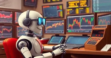 A robot wearing glasses and a telephone headset sitting at a stock trading desk that has multiple monitors showing multiple graphs and an old fashioned stock ticker machine on the side.
