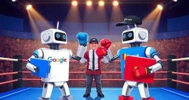 Create a vibrant, eye-catching illustration of two classic Rock'em Sock'em-style robots in a boxing ring. One robot is wearing a white Google-branded T-shirt, and the other is wearing a blue Microsoft-branded T-shirt. Instead of boxing with their fists, each robot is wielding a large, notebook binder as a playful weapon. The Google robot has a blue binder, the Microsoft robot has a red binder. The scene is being refereed by a third robot, styled like the Pixar Movie “Robots”, wearing a black baseball cap with the Perplexity.ai logo clearly visible. The atmosphere is energetic and fun, with the boxing ring set under bright lights and a lively, tech-inspired audience in the background. The overall style should be polished, modern, and suitable for use in a professional technology blog or publication. Avoid using any copyrighted logos; use suggestive branding (such as color schemes and general design elements) to represent Google, Microsoft, and Perplexity.ai.