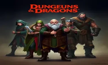 A five-member dungeons and dragons adventuring party consisting of: An male elven rogue/bard, a female half-elf cleric/warlock, a female half-elf sorceror/warlock, a short but wide male dwarven ranger, and a very tall male half-giant barbarian/paladin.