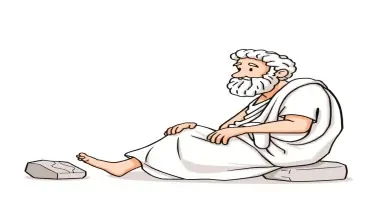 a cartoon drawing of Aristotle sitting down and sharing his ideas facing the front. this is for a children's book so make him likeable for a child to view.