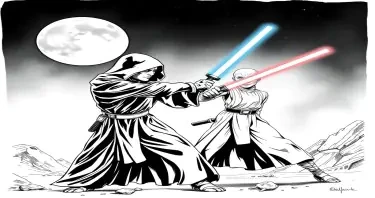 a sith and a jedi fighting