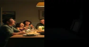 split-image concept: On the left, a family laughing at a dinner table (happy, secure). On the right, a dimly lit, empty chair at the same table