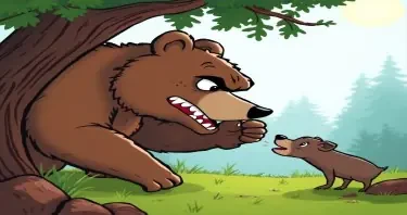 a cartoon drawing for a children's book of a sinister looking bear who has just cornered an animal.  side view of the bear