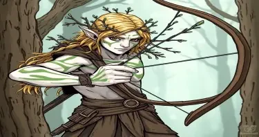 A warhammer fantast wood elf. Tall and blonde with tree branches decorating his hair and his pale white skin painted with green stripes. Armed with a longbow ready to shoot. Drawn in comic style