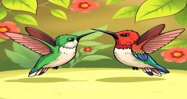 Please create a cartoon drawing of two angry hummingbirds using their beaks like dueling trying to take over another hummingbird's garden for a children's book.