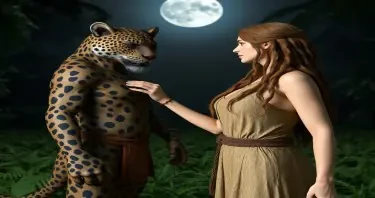 A mysterious beautiful female Druid wearing an animal skin standing side to the camera facing a powerful humanoid leopard man. Her hand is resting on his chest. They are in a jungle clearing on a moonlit night.