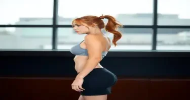 A fit red head with hair in a pony tail wearing a skirt with no panties underneath