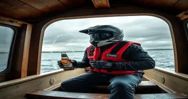 Man in inside houseboat crouched wearing a motorcycle helmet, life vest and clutching a coors light beer during a severe thunderstorm with strong winds