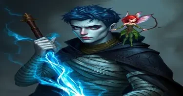 a pale grey skinned Doppelganger with short blue-black hair, black eyes, grey irises, thin lips, no nose. their torso covered in mummy bandages that are etched in multicolor runes. one shoulder draped in a ornate almost black cloak. they are wielding magical energy gripping in one hand an entwining elongated shaft of blue and white light. standing upon his shoulder is a very tiny redheaded female sprite archer with iridescent wings, wearing a corset and skirt made of leaves and vines