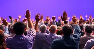 large group voting with raised hands. realistic photop
