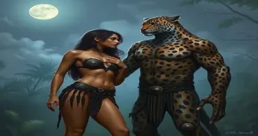 A mysterious female Druid wearing an animal skin bikini standing side to the camera facing a powerful humanoid leopard man. Her hand is resting on his chest. They are in a jungle clearing on a moonlit night.