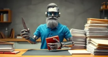 A metal robot with a thin beard that is partially grey, wearing eye glasses and a blue polo shirt is standing at a cooks chopping table facing forward. On his right are a pile of bound notebooks. On his left is a smaller pile of neatly stack paper. He is holding a Multi-Function knife, like a Swiss Army knife or a Leatherman multi tool, in his left hand and a binder from the pile on his right in his right hand.
