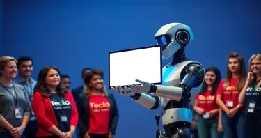A magician on stage in front of people dressed in business casual or wearing t-shirts with tech company logos. The magician is robot. The robot is pulling a computer screen out of a hat