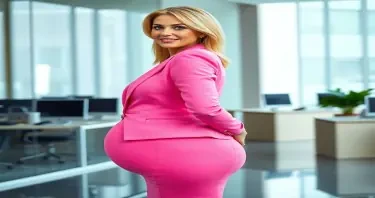 A mature adult woman shown in side profile, standing in a modern office environment. Her body has a highly stylized shape with an extremely narrow waist and maximally developed, smooth, rounded hips that extend outward in a pronounced curve — large and spherical in appearance. Her chest is prominently projected, full, and lifted, balancing the exaggerated lower body proportions. She has a compact frame with short limbs and a visibly larger head-to-body ratio. Her facial features include clear blue eyes, long eyelashes, a small nose, full lips, straight bright white teeth, and a well-defined, forward-projecting jawline. Her long, voluminous blonde hair is styled neatly. She is dressed in tightly fitted, formal business clothing — specifically a tailored pink blazer and a matching pink skirt that contour precisely to her shape. The lighting is soft, and the background includes clean architectural elements such as glass panels and desks. The image is photorealistic and high resolution, with strong focus on the curve of her figure from the side, as well as her facial structure and posture.