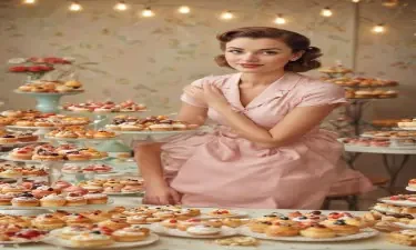 1950s style woman looking at the viewer sitting in front of a table covered with fancy pastries and cakes