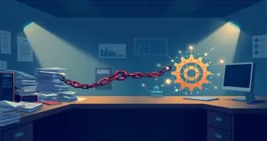 A professional 16:9 illustrative header image matching the article's direct, hard-truth IT tone on behavioral barriers to AI transformation. Illustrate a split scene: left side shows a cluttered office desk with stacked paper reports, dormant server icons, and a rusty chain loosely binding a traditional cogwheel under dim light, symbolizing "challenge" inertia; right side mirrors it with the same desk now streamlined, glowing AI neural nodes activating the cog, chain dissolving into data streams under brighter light, symbolizing "issue"-driven action. Use clean vector art style with realistic office textures, cool-to-warm lighting shift, subtle shadows for quiet professionalism—no drama, metaphors, or figures, just clear before-after impedance contrast.