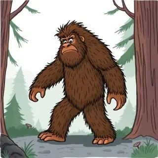 please create a cartoon drawn picture for a children's book of the following: Bigfoot or Sasquatch.  Big, strong and hairy, but make him cute and more likable for a 3-7 year old child.