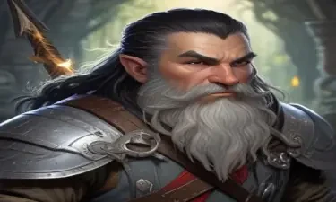 A fifth-edition dungeons and dragons character who is a middle-aged dwarf ranger. He has a wide build, black hair, gray eyes, weilds a magical bow that creates lightning arrows, and wears a mithril breastplate.