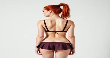 A fit red head with hair in a pony tail wearing a skirt with no panties underneath