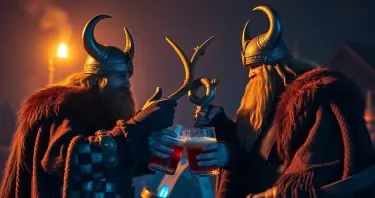 heavy metal Vikings drinking met and salute each other with their drinking horns.