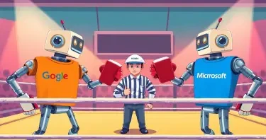 Illustrate a dynamic scene of Rockem Sockem robots in a boxing ring. One robot wears a Google t-shirt, the other wears a Microsoft t-shirt. Both robots wield notebook binders as weapons instead of using their fists. A third robot, acting as the referee, wears a Perplexity-branded hat. The setting is vibrant and playful, emphasizing a friendly competition between the two tech giants, with clear branding on the robots and the referee. The style should be engaging and suitable for a professional blog post about AI productivity tools.