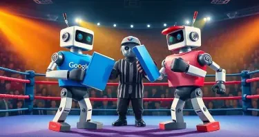 Create a vibrant, eye-catching illustration of two classic Rock'em Sock'em-style robots in a boxing ring. One robot is wearing a Google-branded T-shirt, and the other is wearing a Microsoft-branded T-shirt. Instead of boxing with their fists, each robot is wielding a large, notebook binder as a playful weapon. The Google robot has a blue binder, the Microsoft robot has a red binder. The scene is being refereed by a third robot, styled in a neutral metallic color, wearing a baseball cap with the Perplexity.ai logo clearly visible. The atmosphere is energetic and fun, with the boxing ring set under bright lights and a lively, tech-inspired audience in the background. The overall style should be polished, modern, and suitable for use in a professional technology blog or publication. Avoid using any copyrighted logos; use suggestive branding (such as color schemes and general design elements) to represent Google, Microsoft, and Perplexity.ai.