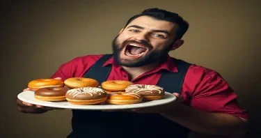 ultrarealistic man with a cannonball wound holding a plate of donuts