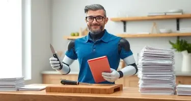 A robot with a thin beard that is partially grey, wearing eye glasses and a blue polo shirt is standing at a cooks chopping table facing forward. On his right are a pile of bound notebooks. On his left is a smaller pile of neatly stack paper. He is holding a Swiss Army knife in his left hand and a binder from the pile on his right in his right hand.