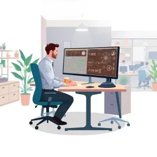 modern flat vector illustration, editorial illustration style, full scene composition inside a contemporary collaborative workspace with visible walls and floor, smooth shapes, soft gradients, slight depth, clean editorial design; CRITICAL: full scene composition with a complete environment. The background must be part of the scene with clearly visible environment elements such as walls and floor or natural surroundings. The image must be fully filled edge-to-edge. Absolutely no white background anywhere in the image. No blank or empty areas. No isolated objects. No floating composition. No transparent background. The background is not a studio backdrop, it is a real environment. A modern office environment where a human professional and an advanced machine interface work side by side at a shared desk; the human focuses on contextual decision‑making while the machine displays pattern recognition outputs on a large screen; subtle visual metaphors of synergy such as interconnected lines, flowing data streams, and complementary tools; shelves, plants, wall décor, soft lighting, and additional workers in the background to emphasize a real, active environment; the scene communicates cooperation, augmentation, and balanced responsibility; rich color palette with deep blues, warm neutrals, muted greens, and bright accent tones for clarity; detailed, harmonious, fully immersive environment illustrating how human judgment and machine scalability combine to produce better, safer, faster outcomes.