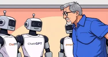 A man is wearing a blue polo shirt with slightly gray hair, a short beard, and glasses is scolding a group of robots. Each robot has a t-shirt with one of the following logos: ChatGPT, Copilot, or Perplexity.ai