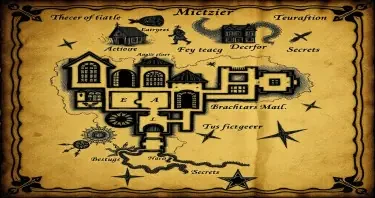 An ancient a weathered map of a gothic estate from the Metzinger family. The map should include secret doors, traps and secrets. The map should appear old, faded and hand drawn in a comic gothic style as if pages of an old journal. The map should be like that of a floor plan of the first floor of the mansion of estate.