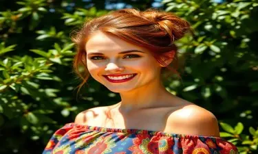 photograph of a woman, auburn hair in a bun, happily smiling at the viewer, wearing a colorful off the shoulder dress, surrounded by foliage on a bright sunny day . High dynamic range, vivid, rich details, clear shadows and highlights, realistic, intense, enhanced contrast, extremely intricate details