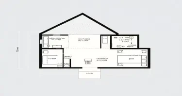 Create a detailed and clear visual layout of a compact house plan including labeled rooms: Bedroom (4m x 3.5m), Bathroom (2.5m x 1.8m), Dining Area (3m x 2.5m), Living Room (3.5m x 3.5m), and Outdoor Kitchen (2.5m x 2.5m).The Outdoor kitchen must detach from main layout. The layout should show efficient use of space and logical circulation suitable for a small lot, with dimensions clearly marked.