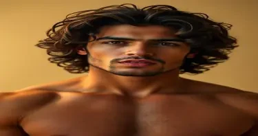 Sexy man with curly long hair and short stubble. He is in his twenties. he has thick lips. He is toned but not overly muscular. Aggressive look. Arabic features.