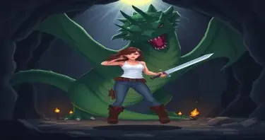 A woman wearing a white tank top and jeans with hiking boots holding a sword. She's fighting a large green dragon that looms over her, rearing it's head back ready to strike. Setting is a dark cave lit with torches