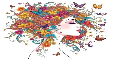 Side profile of a serene woman with her eyes closed, her flowing hair transforming into colorful swirling patterns filled with vibrant flowers, butterflies, and whimsical elements. Artistic, fantasy style with detailed linework and a dreamy, surreal feel. Bright, vivid colors on a clean white background. Elegant, feminine, and expressive.