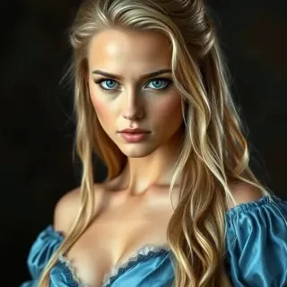 captivating realistic blue eyes, beautiful voluptuous woman, 25 years old, long BLONDE WET hair to waist,  translucent 18th century blue silk gown off shoulders, deep v neckline, breathtaking, exquisite composition and lighting, no signature, no text