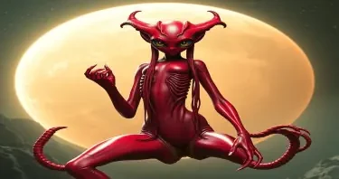 Create an incredibly sexy red alien science fiction space girl with 8 eyes and long pigtails ensure her whole body from head to toe is in the picture she is holding her feet
