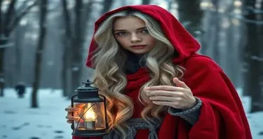 a young woman, long wavy silver hair, wearing a red hooded cloak, standing in a snowy forest, holding a lantern, cinematic lighting, ultra detailed, (realistic:1.3) Negative prompt: blurry, deformed, ugly, extra fingers, watermark