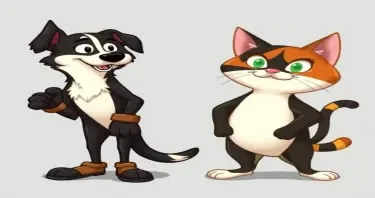 “In vintage 1920s rubber hose cartoon style, with retro colors: a half-black faced Border Collie (right side of the face is mostly black) wearing big gloves and shoes, standing next to a slightly chubby tri-color cat (black, white, and orange fur). Both characters have exaggerated expressions, bouncy rubbery limbs, and the charm of old-school animated cartoons.”