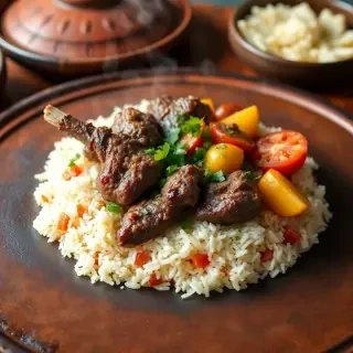 Traditional Arabic lamb kebsa with rice and vegetables, on a warm clay surface
