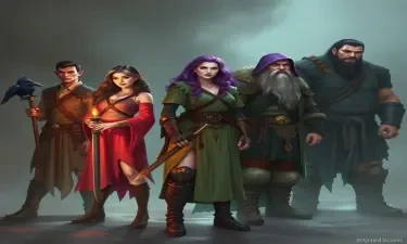A five member dungeons and dragons adventuring party consisting of: A red-skinned thin male elven bard, a thin adrogynous female half-elf cleric/warlock wearing chainmail with a shadow raven familiar,  a curvy female half-elf warlock with purple hair wearing robes, a short but wide male dwarven ranger, and a very tall miscular male half-giant barbarian/paladin.