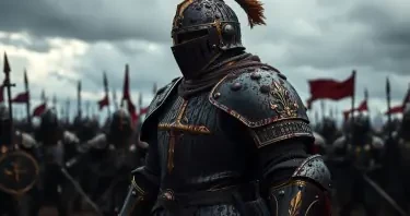 Full length image of a knight in a suit of shining black and gold armour covered in mud and splattered blood. Highly detailed. In the background, medieval soldiers are at war. The sky is dark and cloudy.