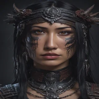 Design a photo realistic portrait of a woman with dark makeup and makeup art, set in a dark concept art style. Cowboy Shot, She is an Asian maiden shaman, blending dark fantasy with realism to create a hyper detailed fantasy character. The portrait captures a cyberpunk angry gorgeous Latina warrior, with a fantasy concept art style. It depicts a female necromancer, in a cyberpunk horror style. Her outfit should be minimal and barely there. The image should be a full body portrait, head to toe. Each pose should be different to show her both from the front and from the back. The dark fantasy character design should be in 4K concept art and hyper realism. Use detailed and vague sentences to emphasize the FLUX on her breasts, ensuring they are the central focus with intricate details and shadows.