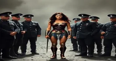 Realistic image of Wonder Woman standing before a group of Nazi officers after she has been captured while on a secret Allied mission during World War II.
